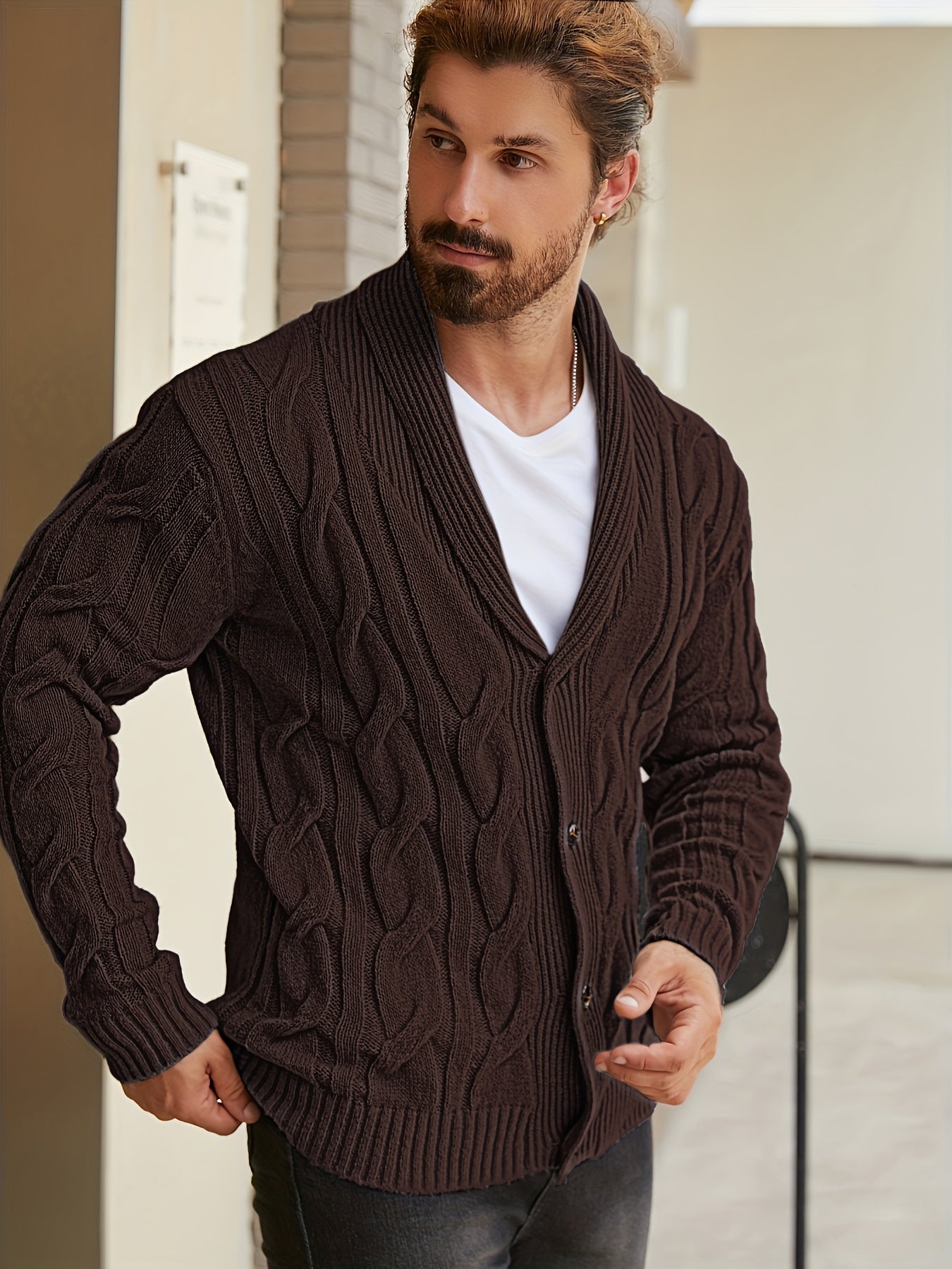 Mens Geometric Print Casual Long Sleeve Knitted Lapel Button Up Sweater