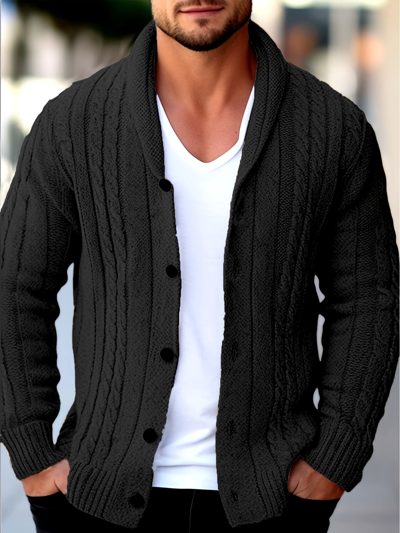 Mens Casual Thick Long Sleeve Cable Knit Buttoned Cardigan