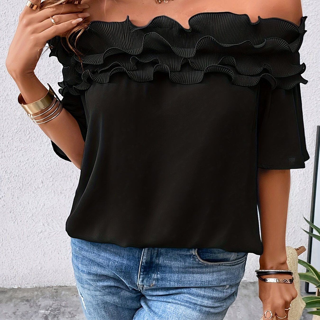 Womens Elegant Off-Shoulder Solid Colour Ruffled Hem Top