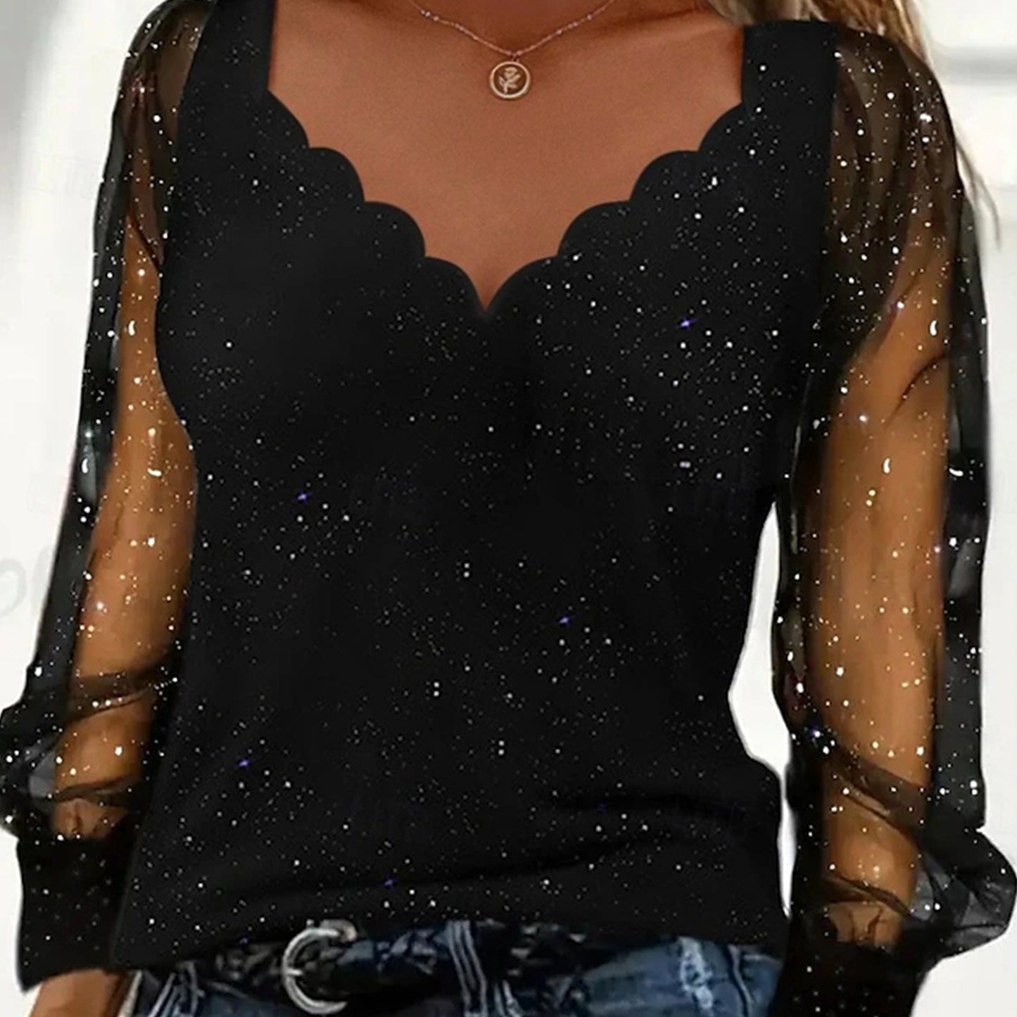 Womens Long Sleeve Sexy V-Neck Sequined Mesh Sleeved Top