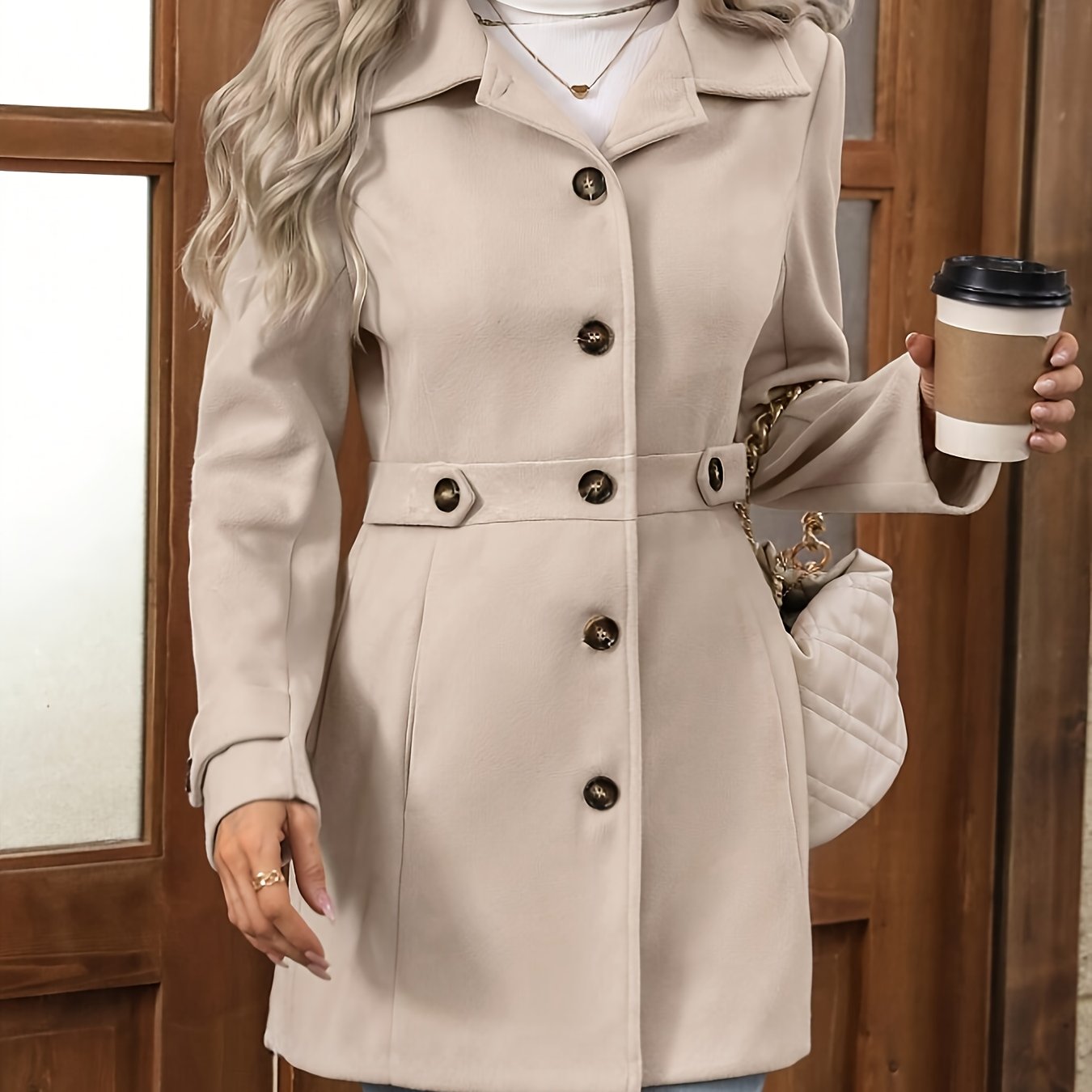 Womens Elegant Tweed Slim-Fit Lapel Collar Belted Waist Winter Coat