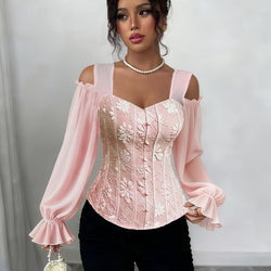 Womens Floral Jacquard Elegant Off-Shoulder Lantern Sleeves Square Neck Top