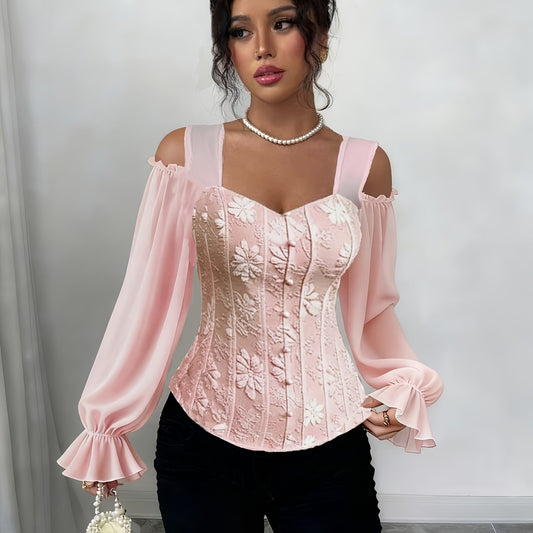 Womens Floral Jacquard Elegant Off-Shoulder Lantern Sleeves Square Neck Top