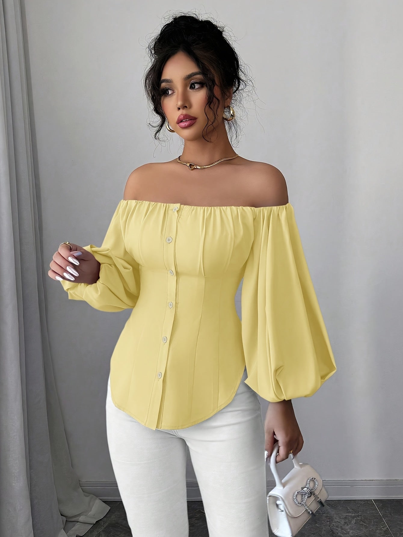 Womens Elegant Off-Shoulder Puff Sleeve Slim Fit Solid Colour Top