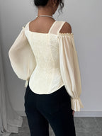 Womens Floral Jacquard Elegant Off-Shoulder Lantern Sleeves Square Neck Top