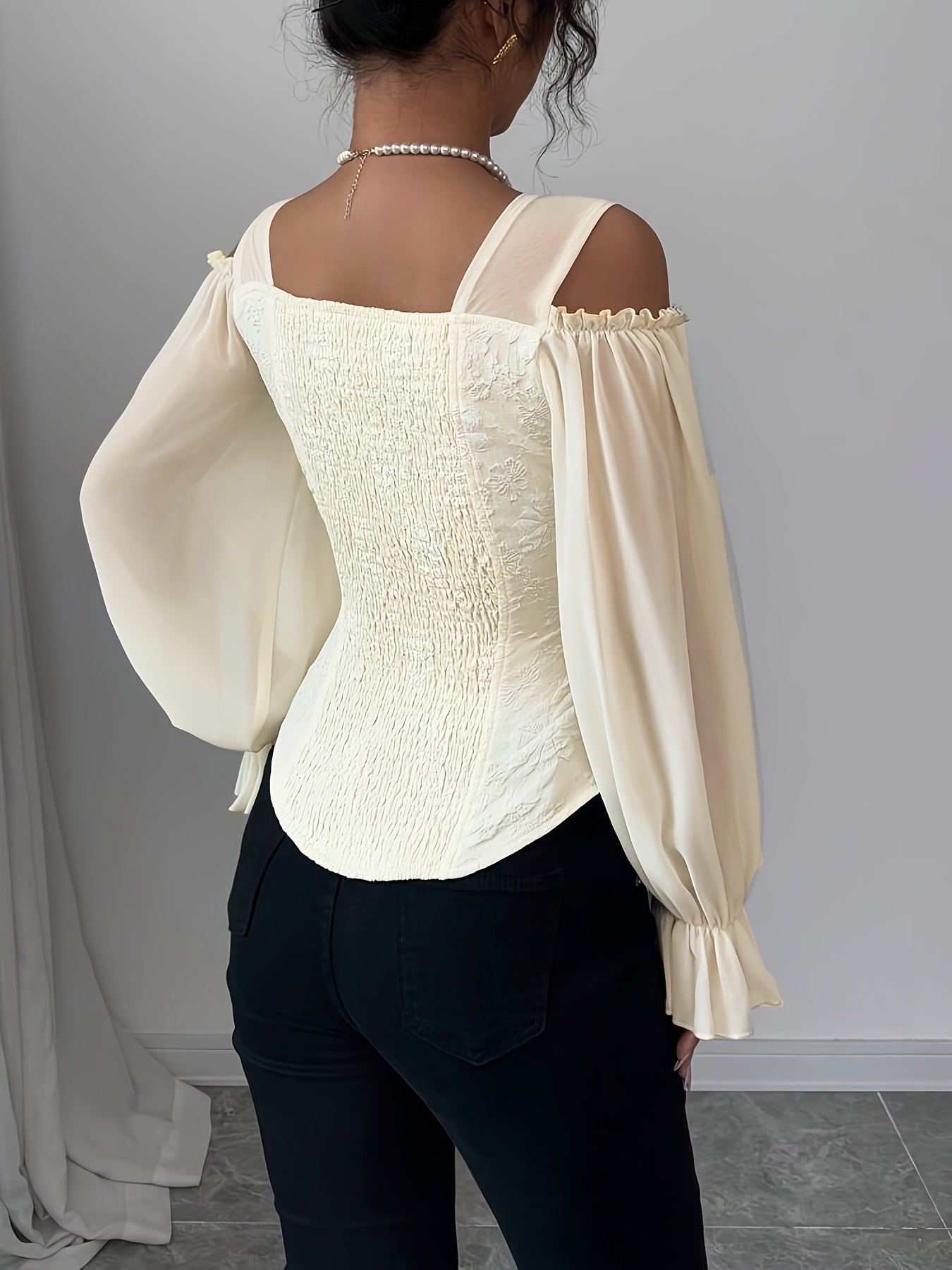 Womens Floral Jacquard Elegant Off-Shoulder Lantern Sleeves Square Neck Top