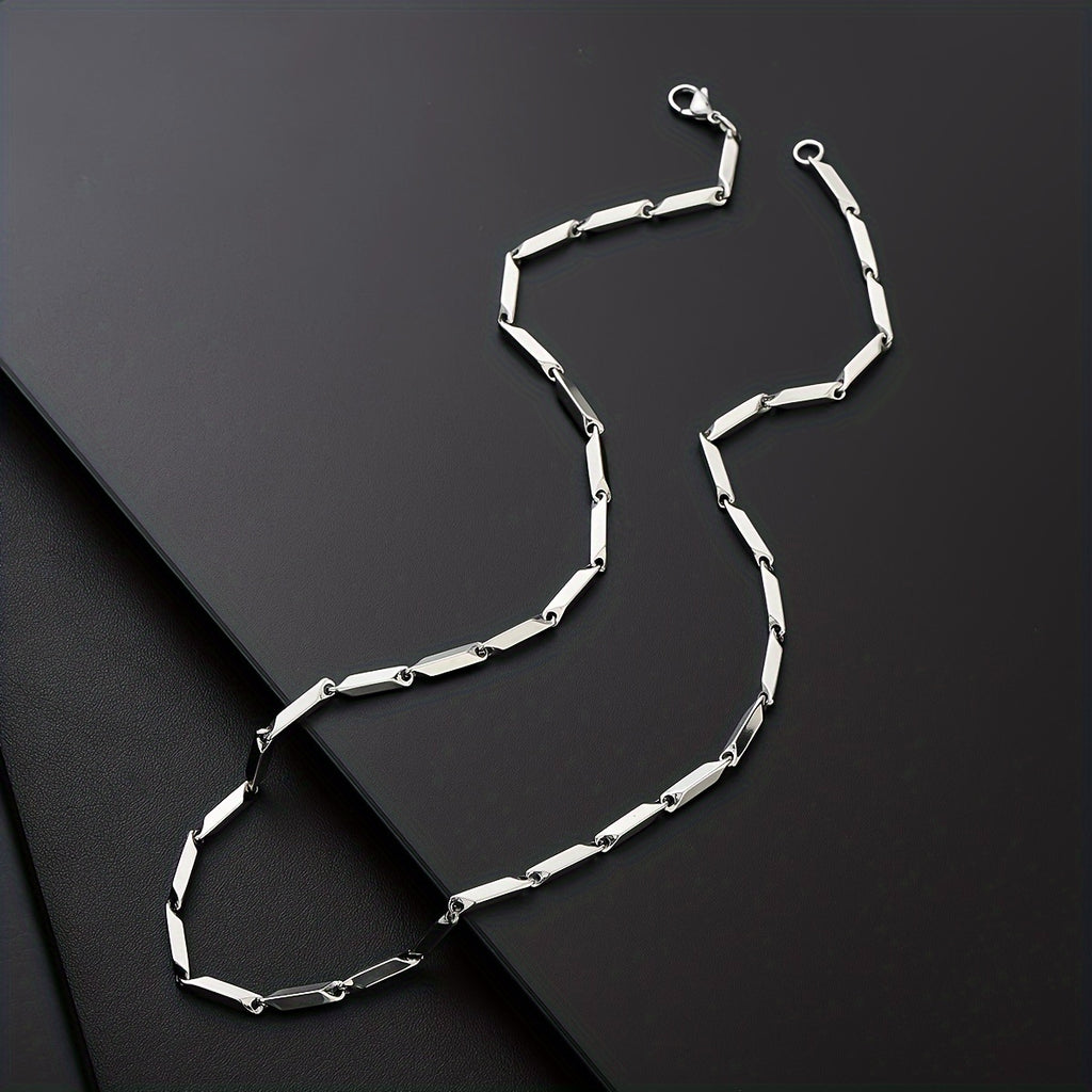 Mens Sleek White Gold Plated Geometric Design Chain Necklace