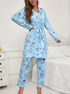 Womens 3 Piece Floral & Butterfly Print Long Pants Long Sleeve Belted Robe, Casual Crew Neck Top Nightwear Set