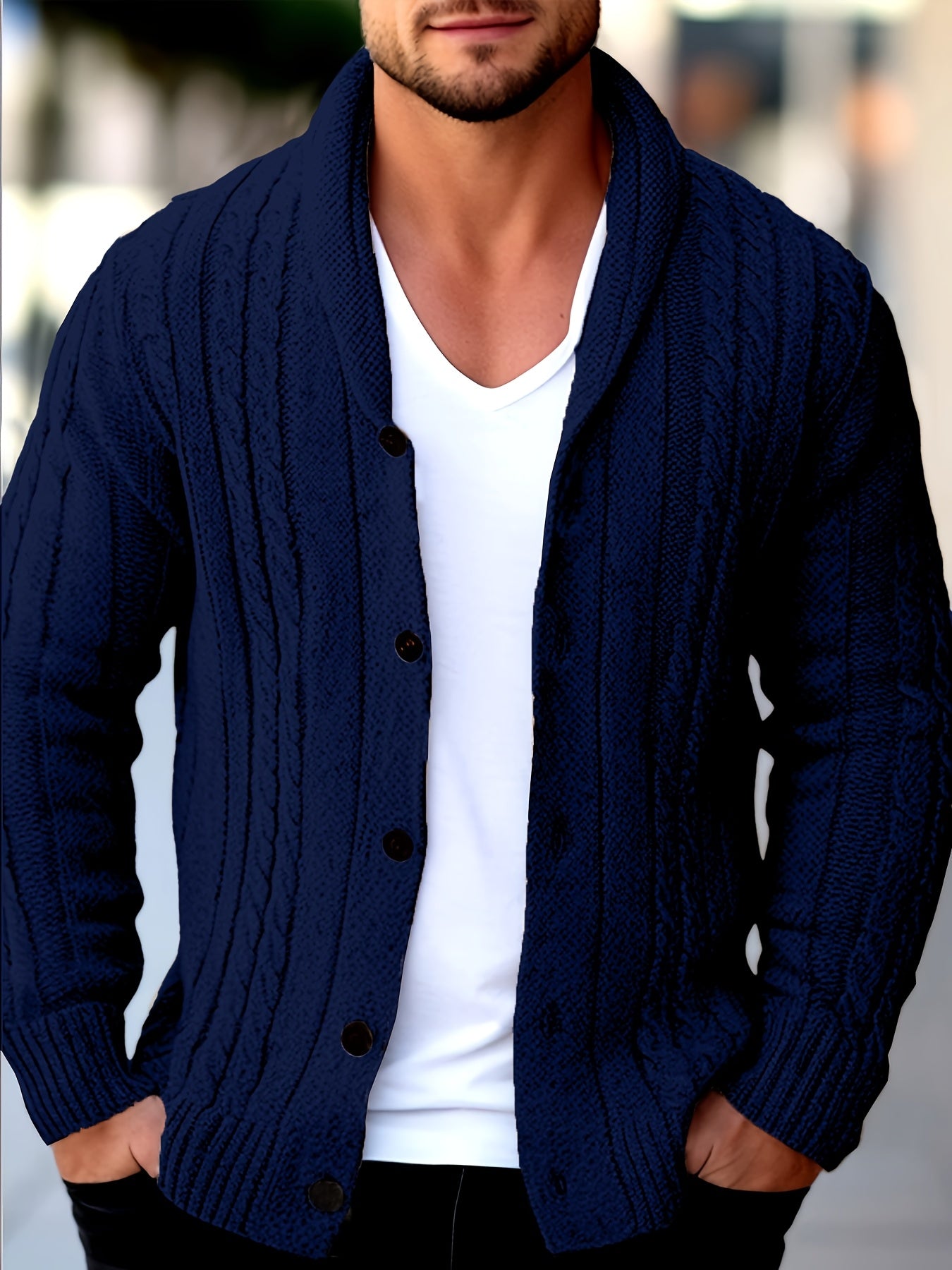 Mens Casual Thick Long Sleeve Cable Knit Buttoned Cardigan