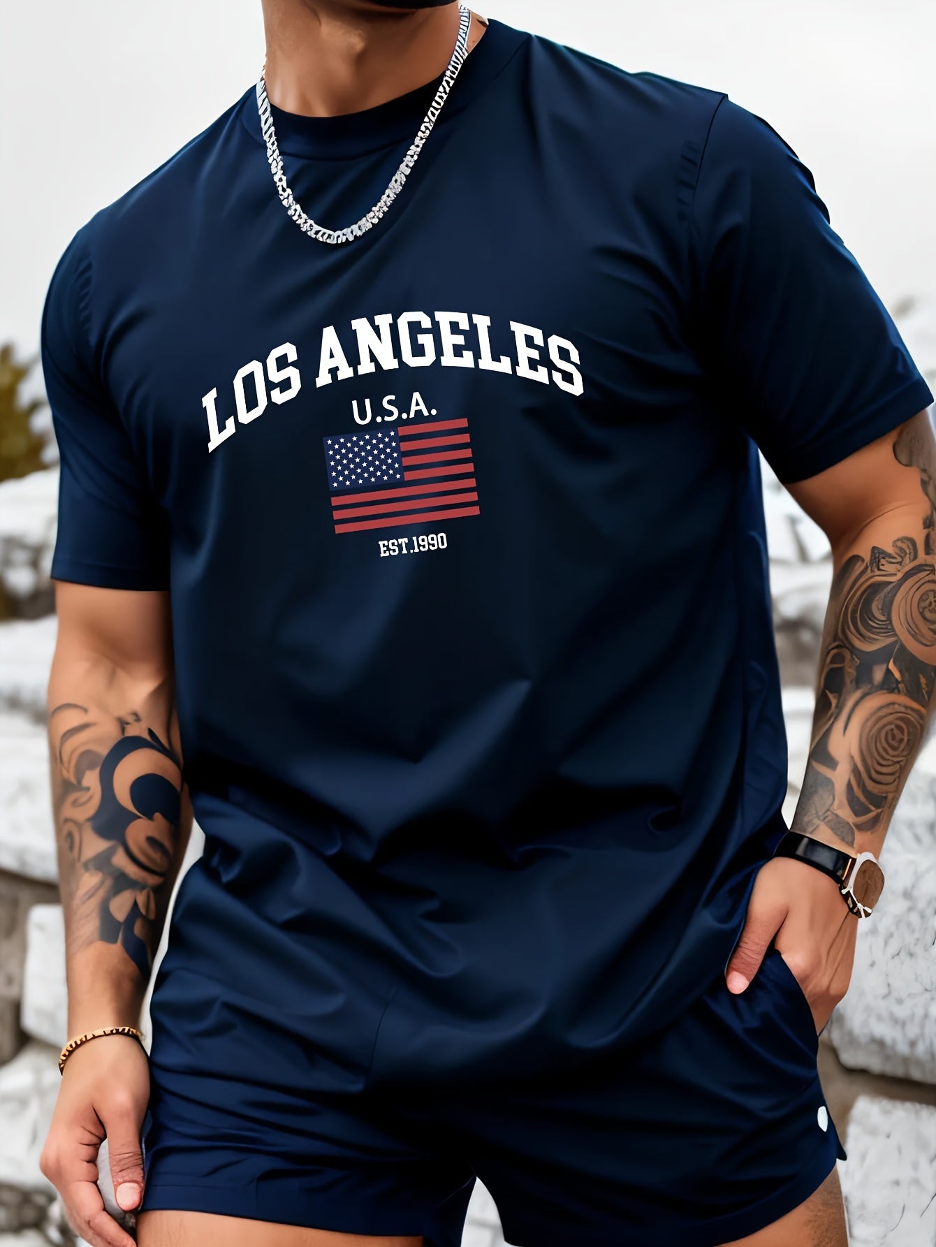 Mens Los Angeles USA Flag Print Casual Crew Neck T-Shirt