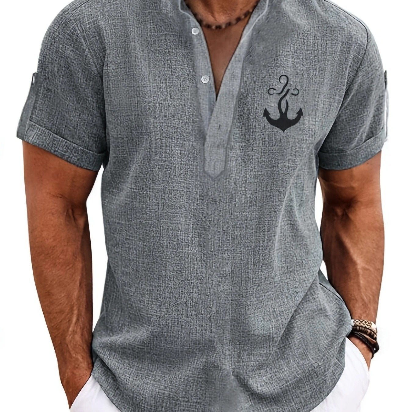 Mens Casual Graphic Print Short Sleeve Stand Collar Breathable Shirt
