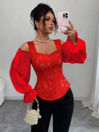 Womens Floral Jacquard Elegant Off-Shoulder Lantern Sleeves Square Neck Top