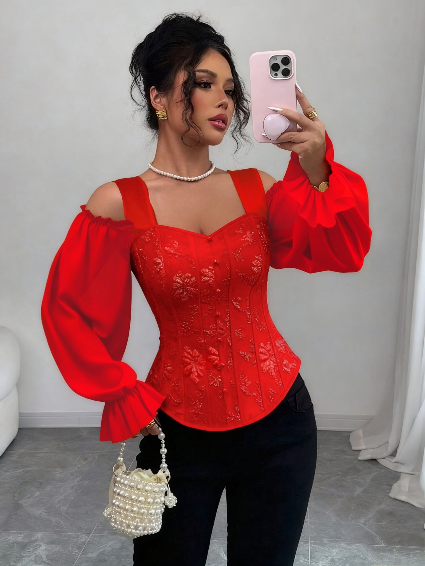 Womens Floral Jacquard Elegant Off-Shoulder Lantern Sleeves Square Neck Top