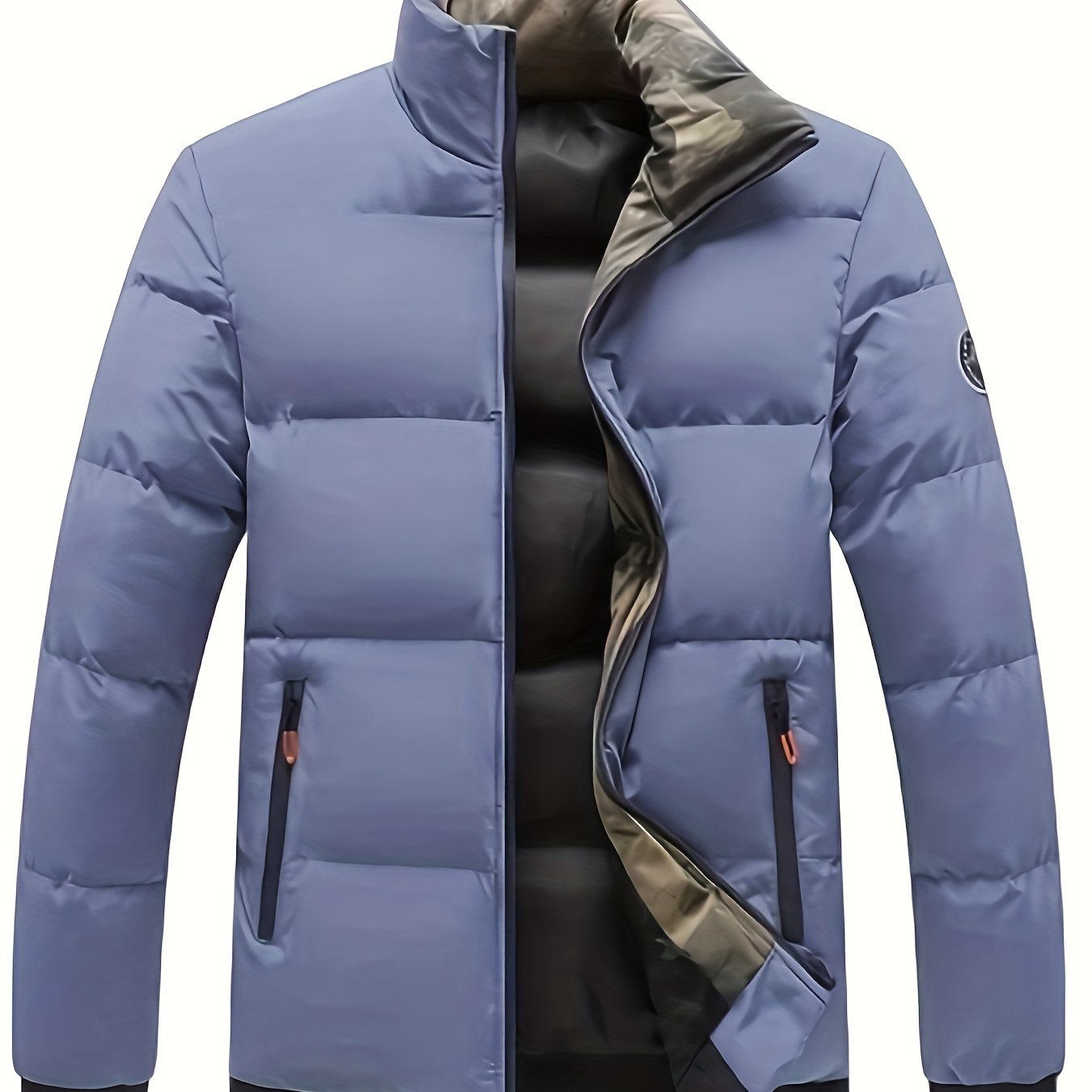 Mens Casual Thick Padded Loose Fit Stand Collar Zip Up Jacket