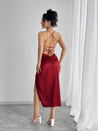 Womens Elegant Deep Neck High Thigh Slit Twist Detail Spaghetti Strap Dress for Women