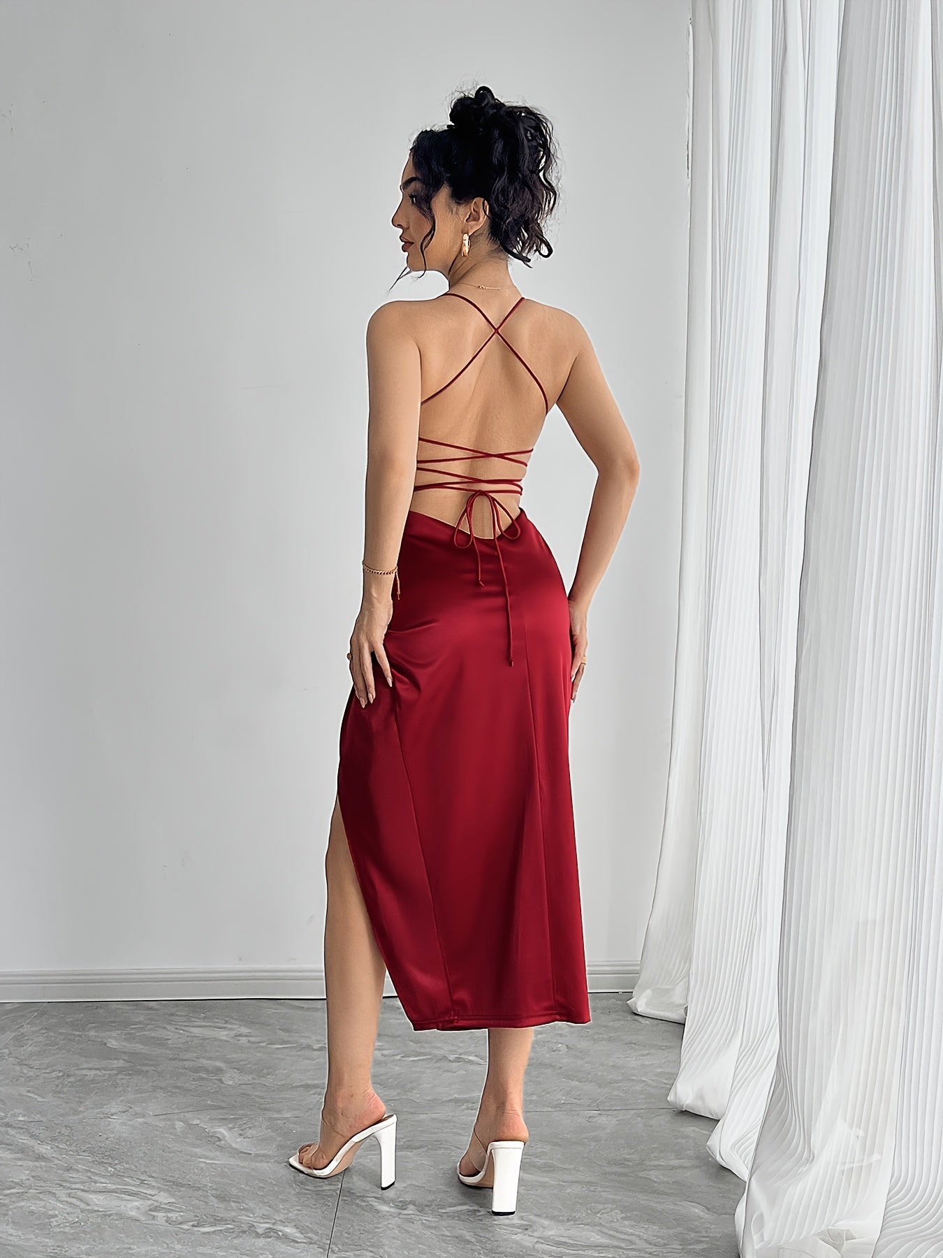 Womens Elegant Deep Neck High Thigh Slit Twist Detail Spaghetti Strap Dress for Women