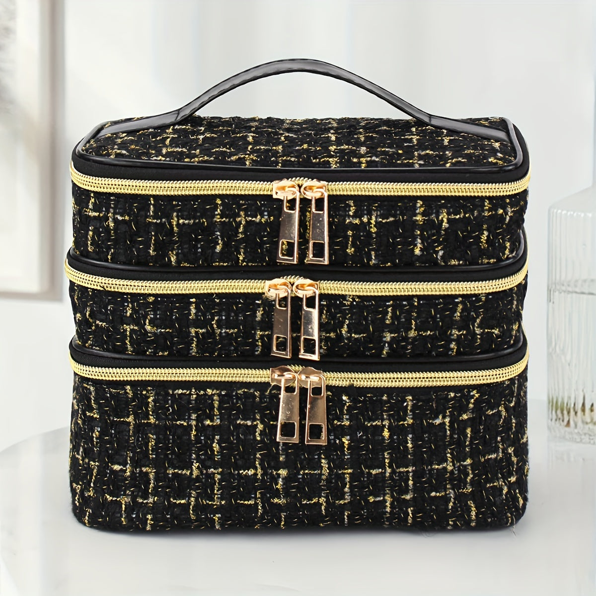 Multi Layer Portable Stylish Lightweight Large Capacity Grid Diamond Cosmetic Bag