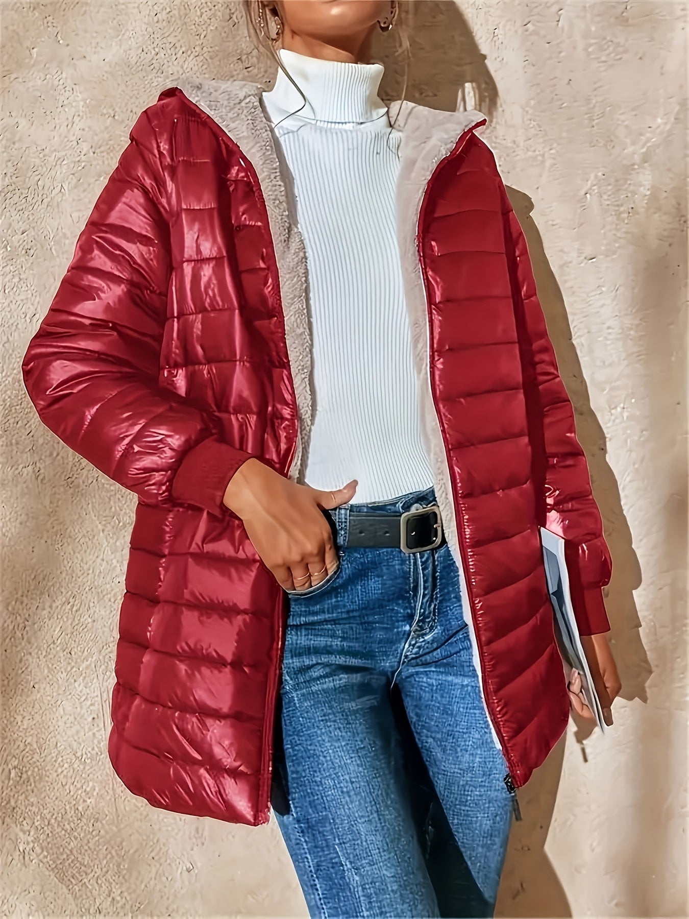 Womens Casual Medium Length Hooded Puffer Jacket