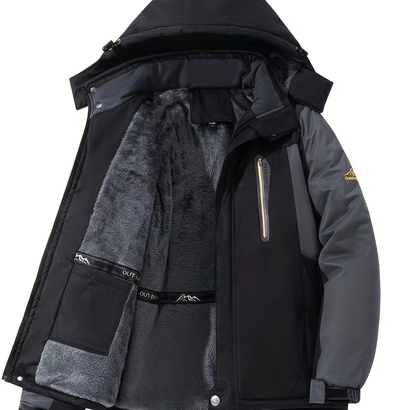 Mens Warm Fleece-Lined Windproof Hooded Front Zip Winter Jacket