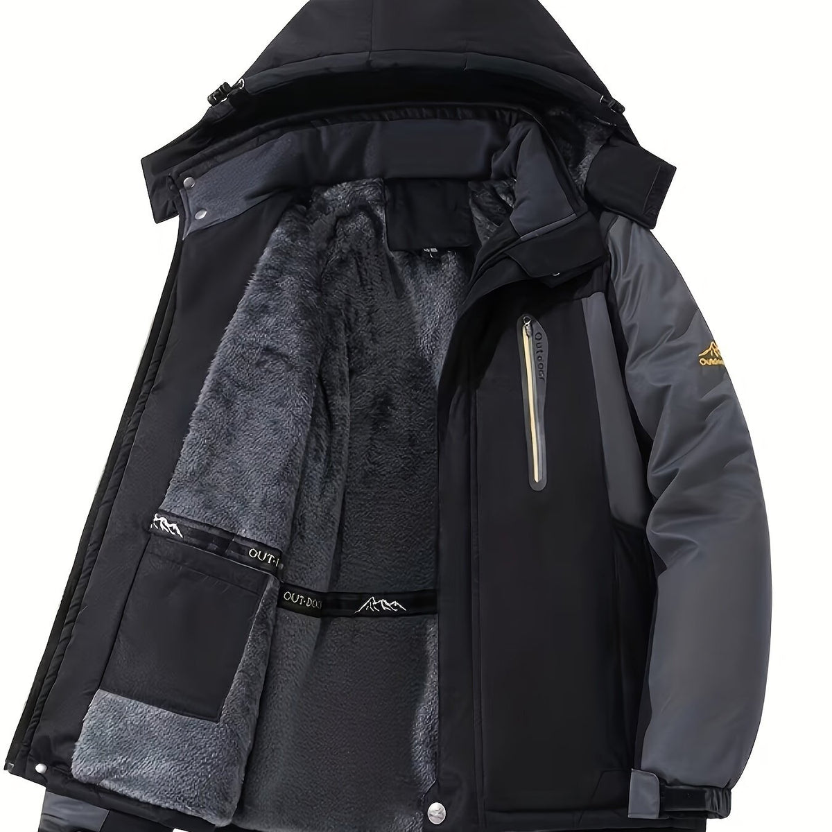 Mens Warm Fleece-Lined Windproof Hooded Front Zip Winter Jacket