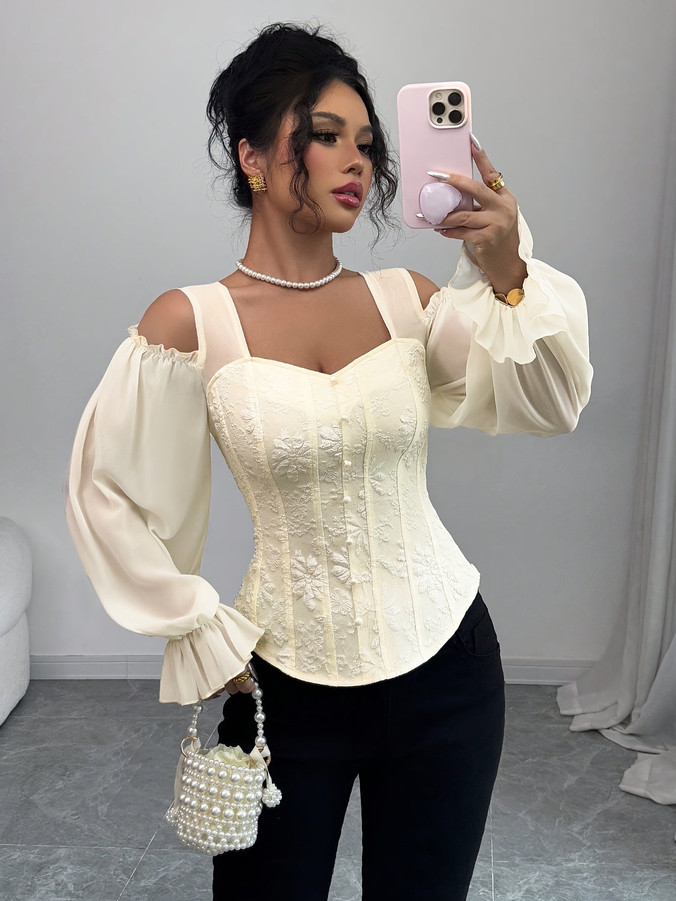 Womens Floral Jacquard Elegant Off-Shoulder Lantern Sleeves Square Neck Top