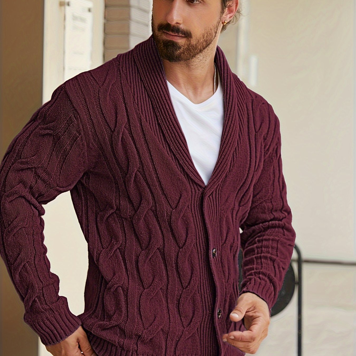Mens Geometric Print Casual Long Sleeve Knitted Lapel Button Up Sweater