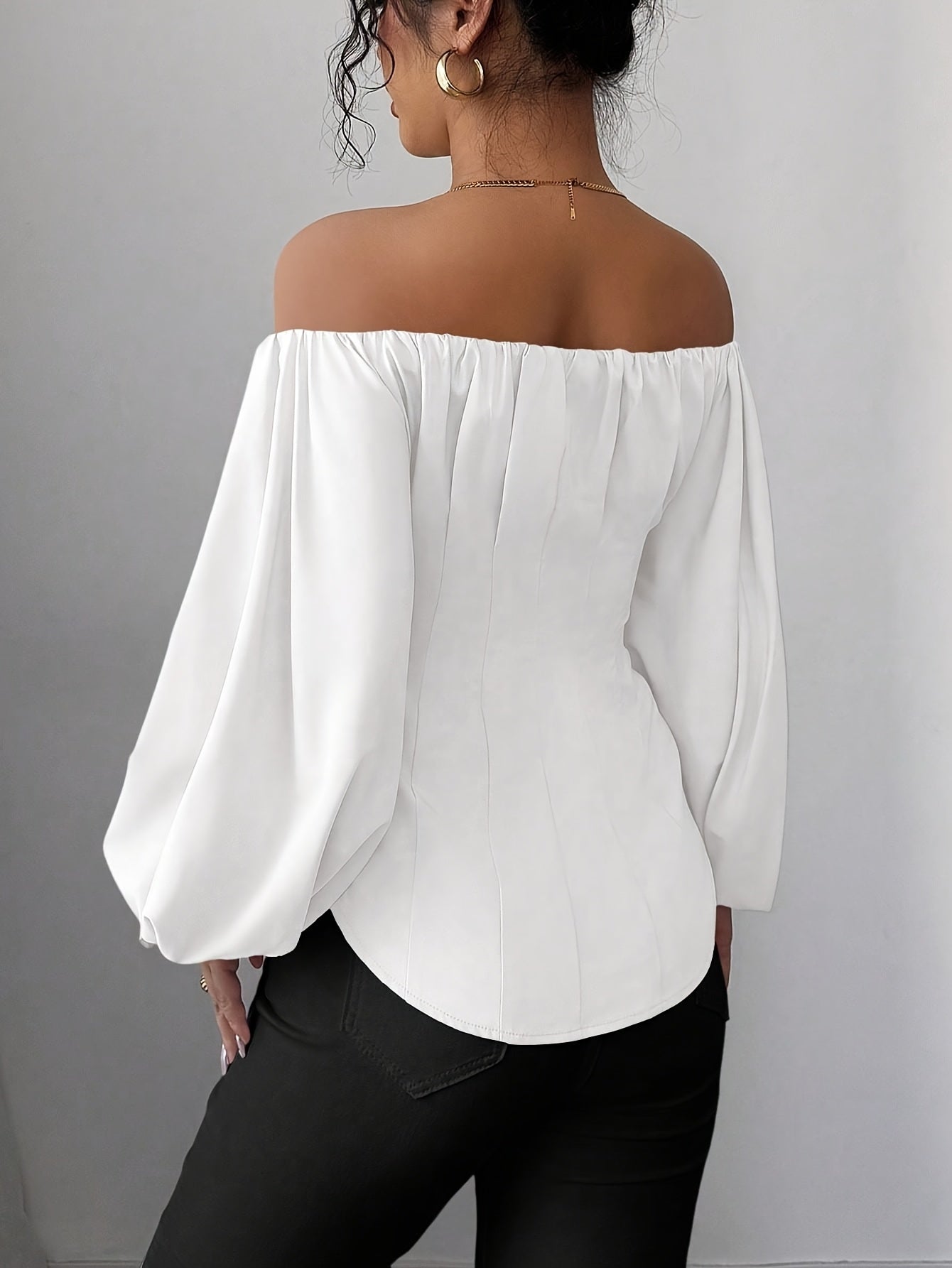Womens Elegant Off-Shoulder Puff Sleeve Slim Fit Solid Colour Top