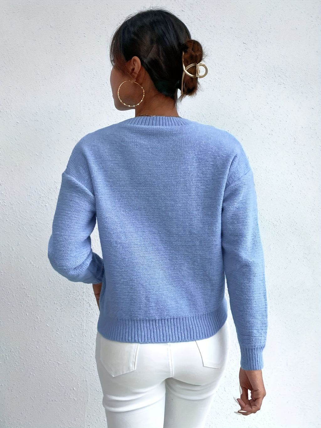 Womens Casual Chunky Drop Shoulder High Elasticity Round Neck Pullover Jumper