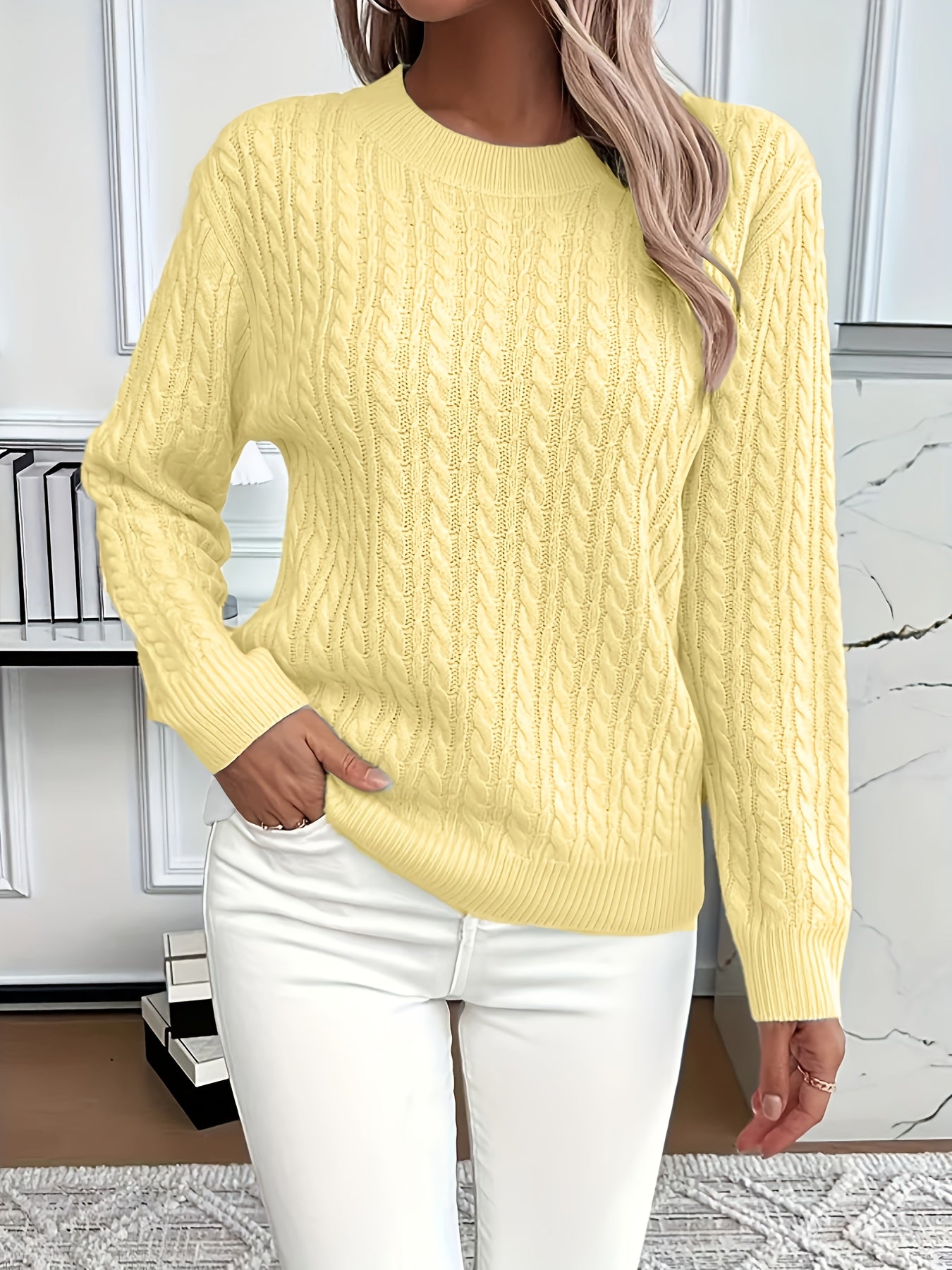 Womens Casual Loose-Fit Round Neck Long Sleeve Solid Colour Rib Design Pullover Sweater
