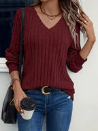 Womens Casual V-Neck Long Sleeve Ribbed Loose Fit Sweater