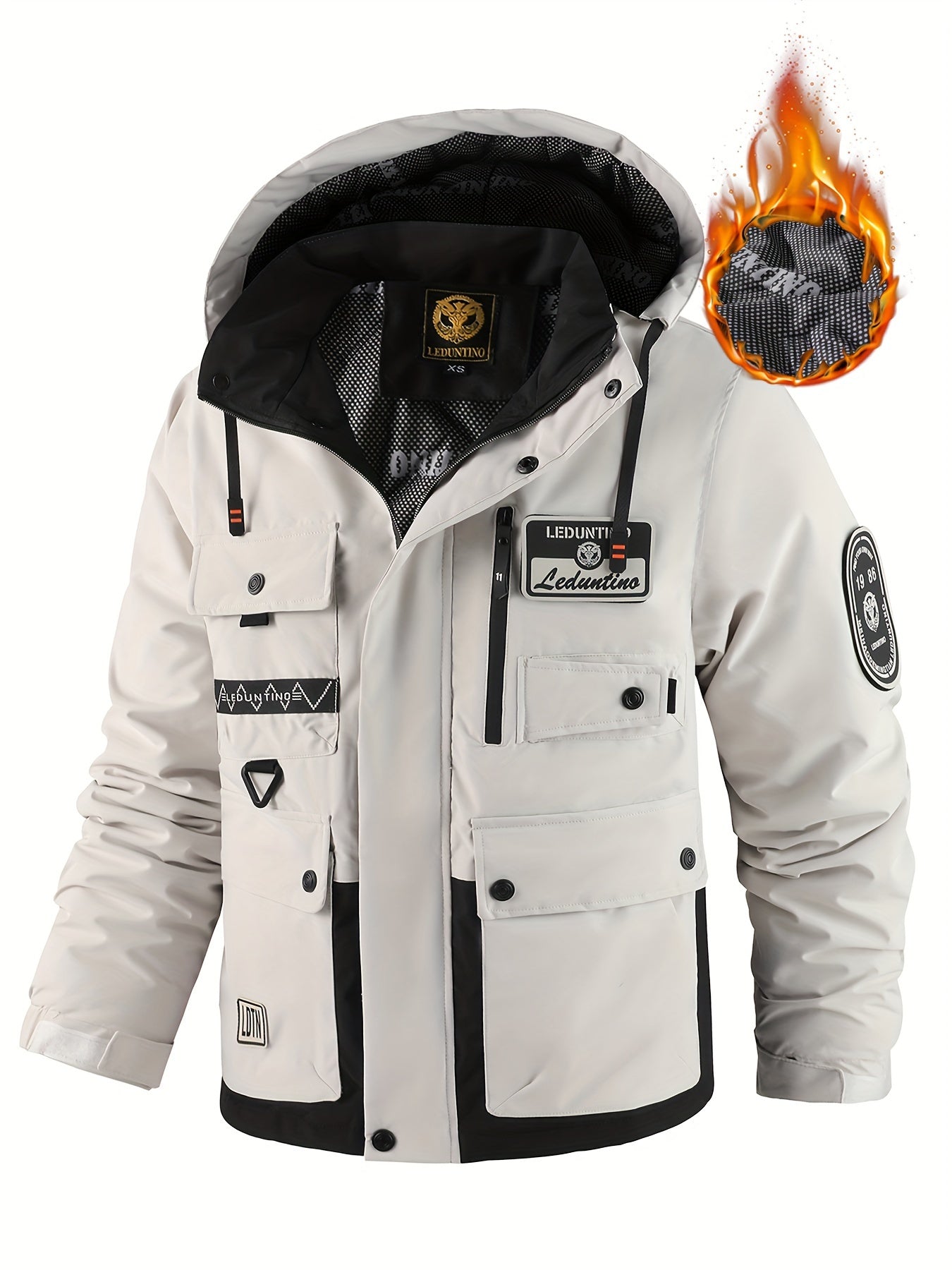 Mens Fleece-Lined Multiple Pockets Detachable Hood Outdoor Winter Jacket