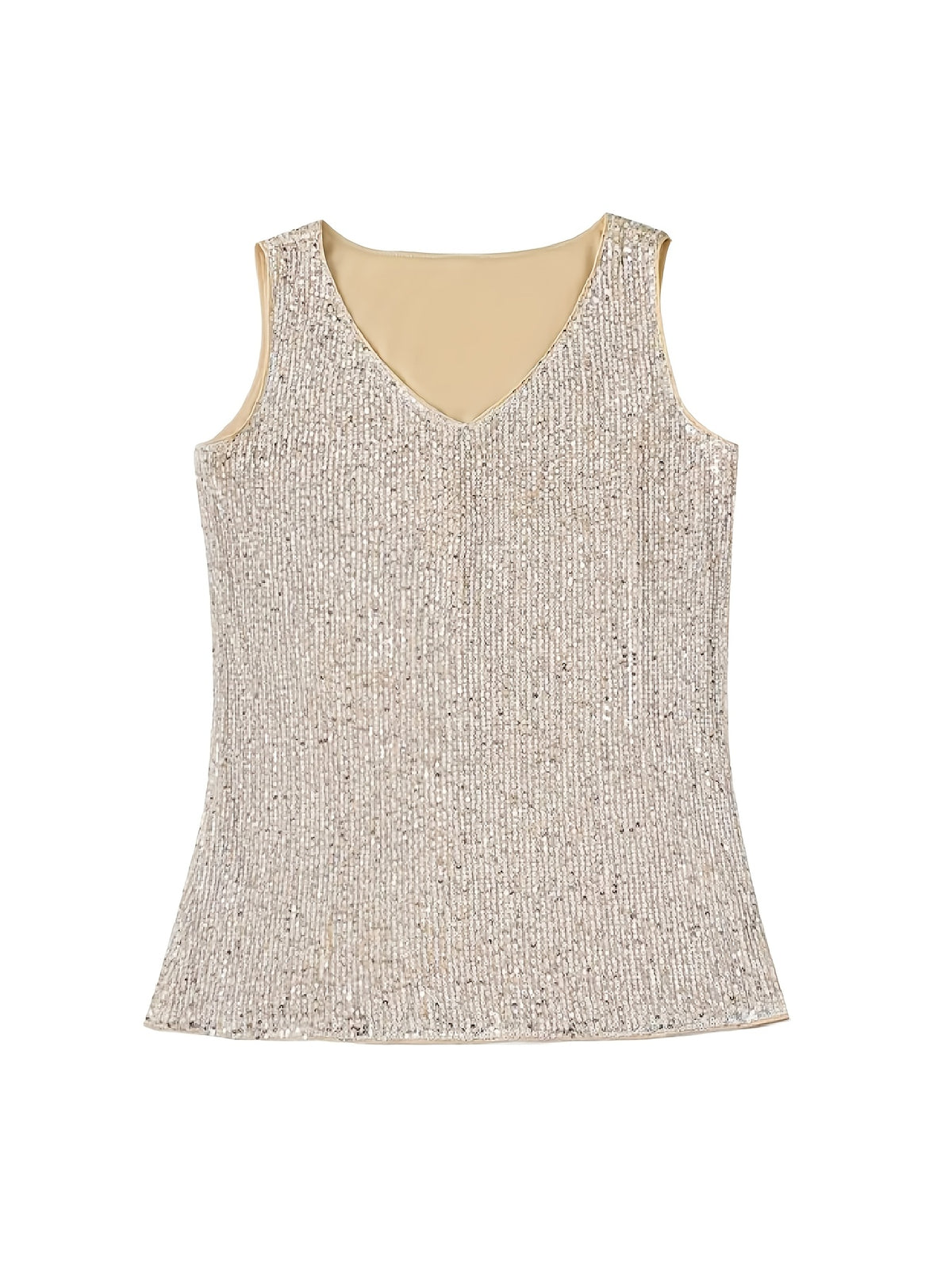 Womens Elegant Sequin V-Neck Knit Fabric Solid Colour Sleeveless Top