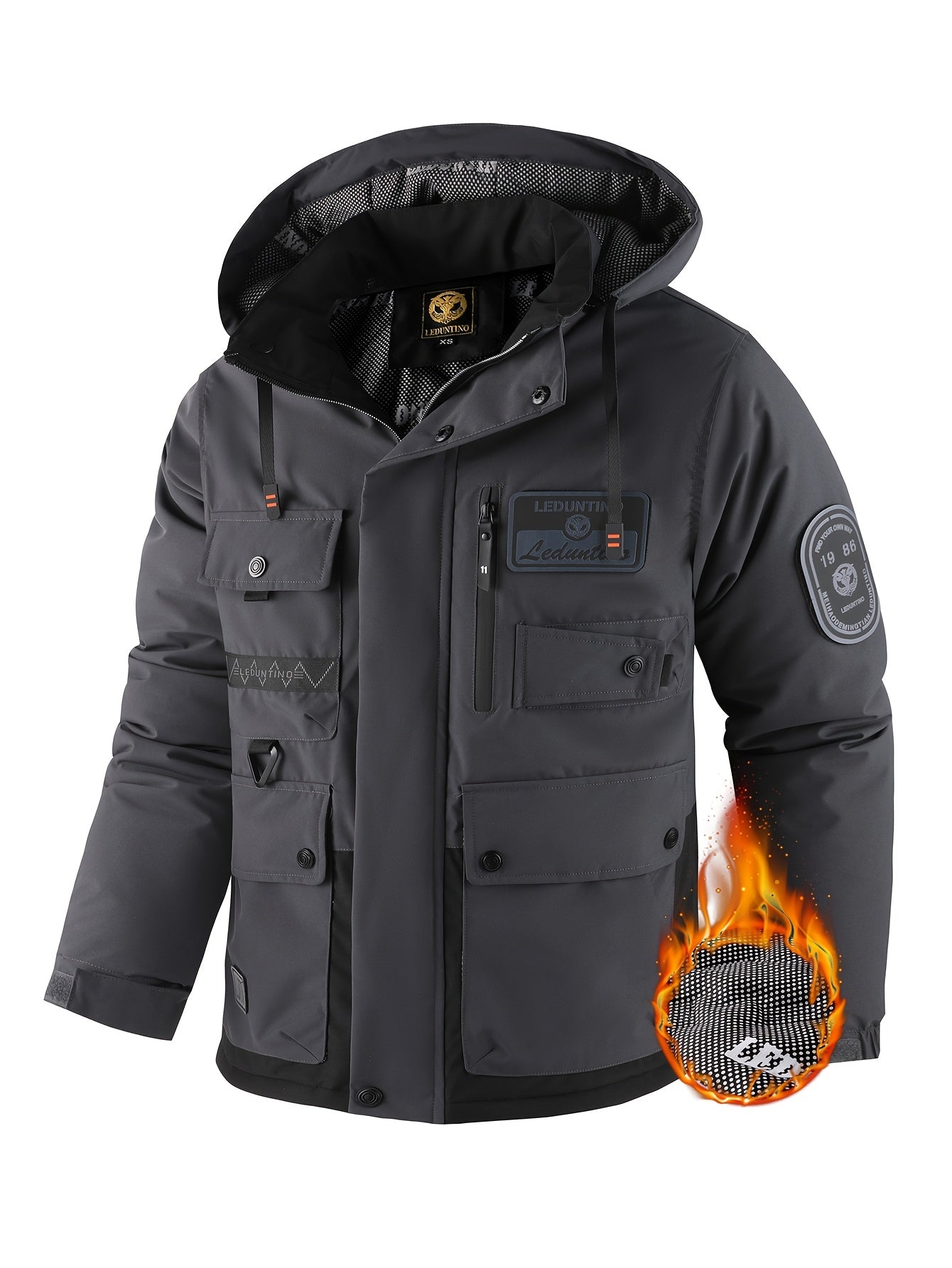 Mens Fleece-Lined Multiple Pockets Detachable Hood Outdoor Winter Jacket