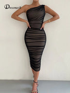 Womens Mesh One-Shoulder Ruched Dress