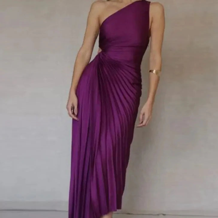 Womens One Shoulder Pleated Maxi Dress