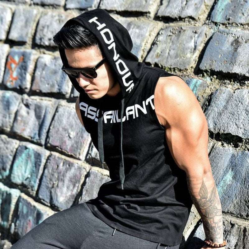 Mens Cotton Fitness Bodybuilding Hooded Tank Top