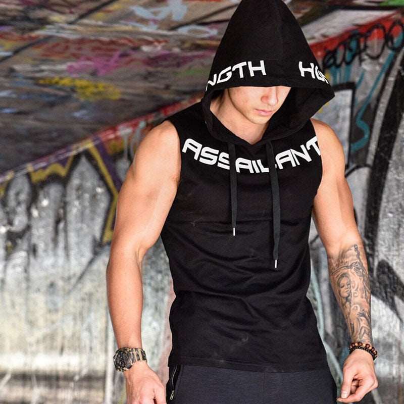 Mens Cotton Fitness Bodybuilding Hooded Tank Top