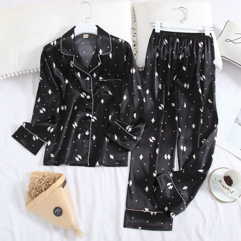 Womens Printed 2pc Long Sleeved Top Trouser Pyjama Set