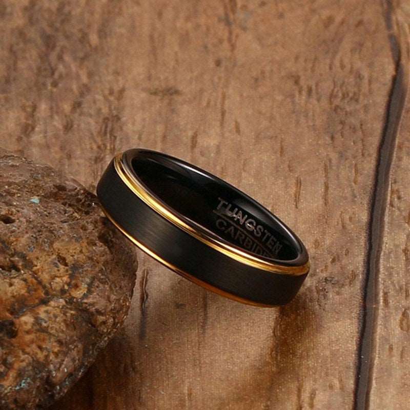 Mens Black Tungsten 5MM Thin Gold Color Ring