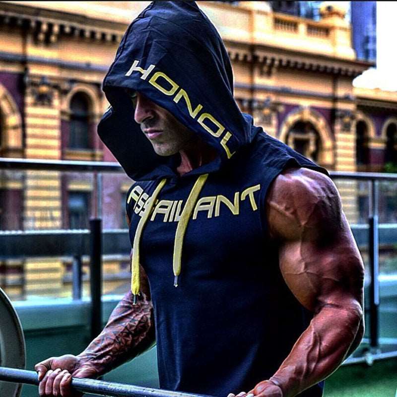 Mens Cotton Fitness Bodybuilding Hooded Tank Top