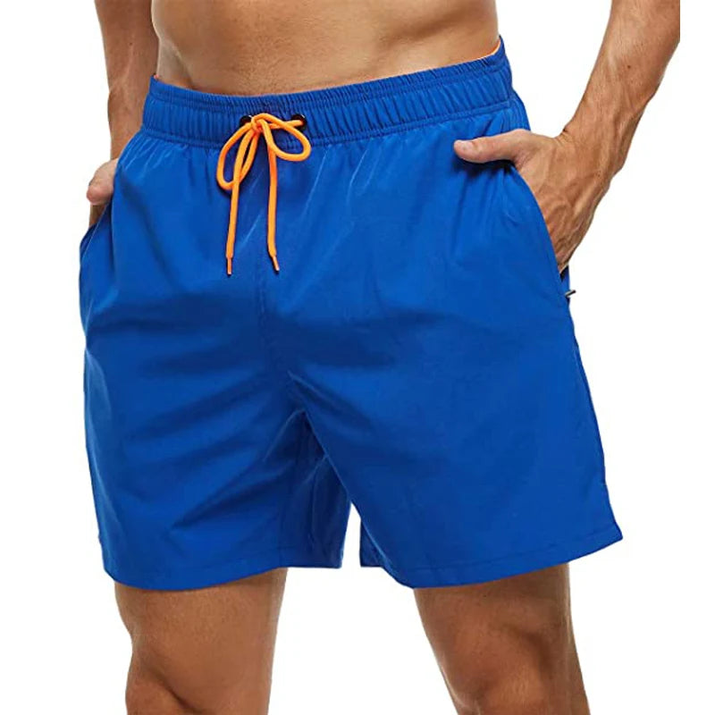 Mens Elastic Closure Quick Dry Zipper Pockets Mesh Lining Beach Shorts