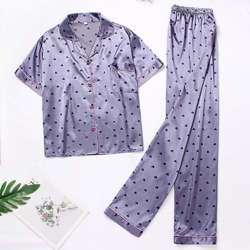 Womens Satin Silk Printed Lapel Pyjama Set