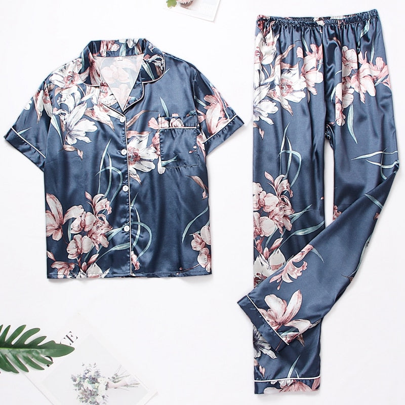 Womens Satin Silk Printed Lapel Pyjama Set