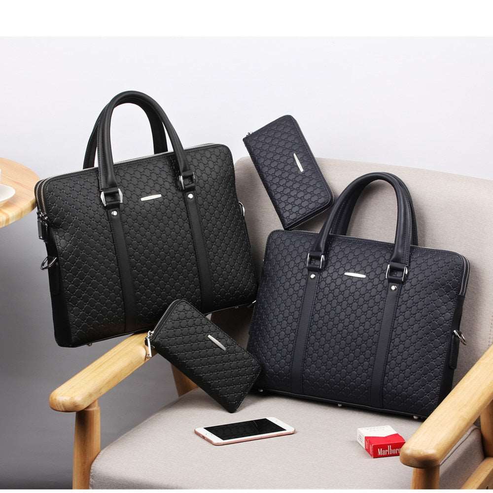 Mens Double Layers Leather Business Laptop Briefcase Bag