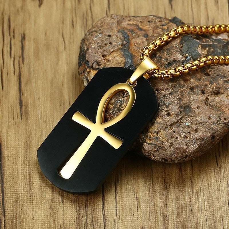 Mens Removable Ankh Cross Gold Tone Stainless Steel Cut Out Pendant Box Chain