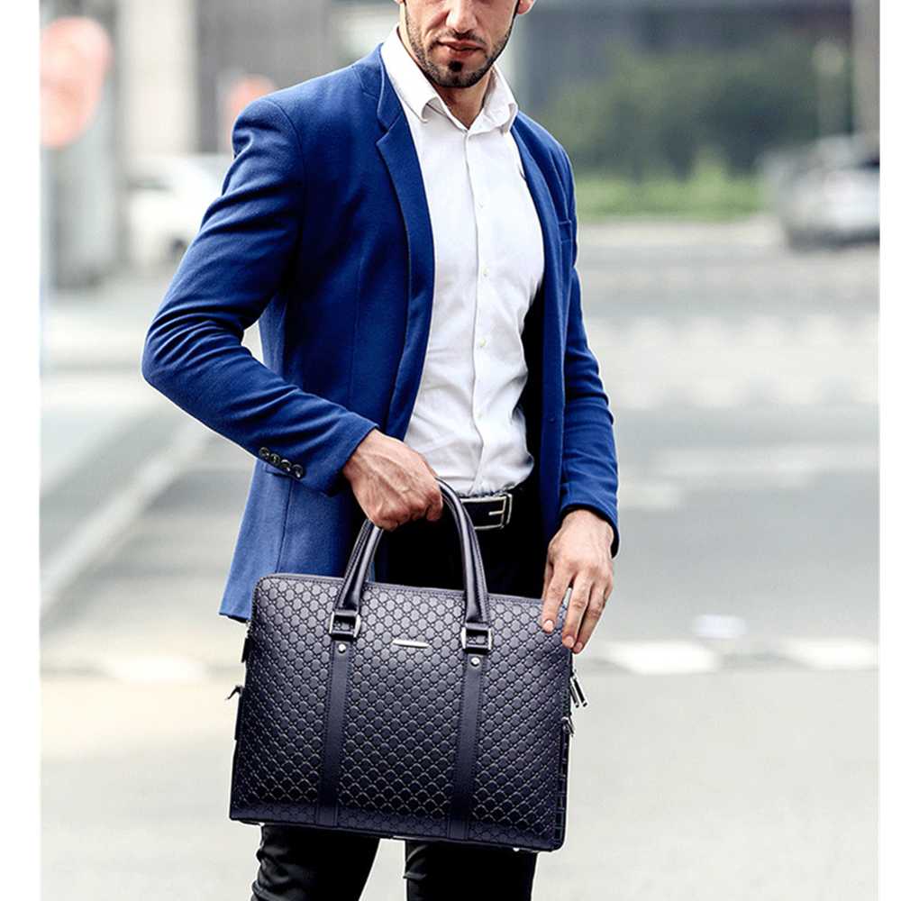 Mens Double Layers Leather Business Laptop Briefcase Bag