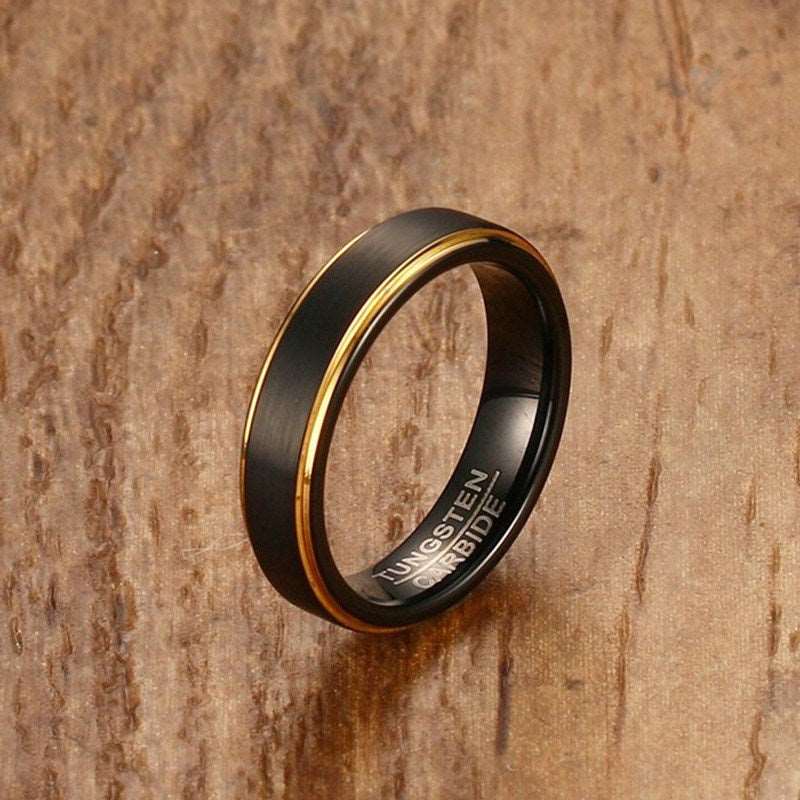 Mens Black Tungsten 5MM Thin Gold Color Ring