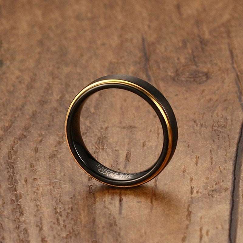 Mens Black Tungsten 5MM Thin Gold Color Ring