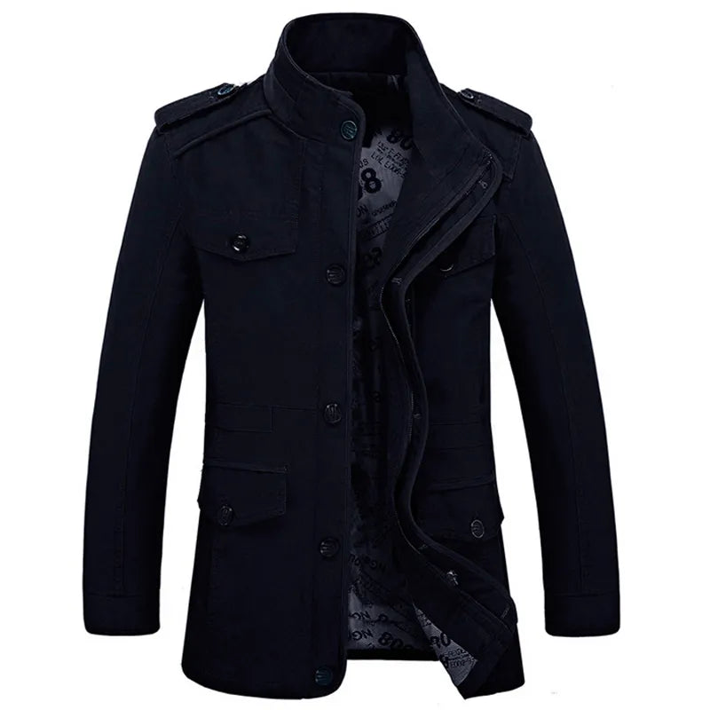 Mens Casual Windbreaker Washed Cotton Classic Long Jacket