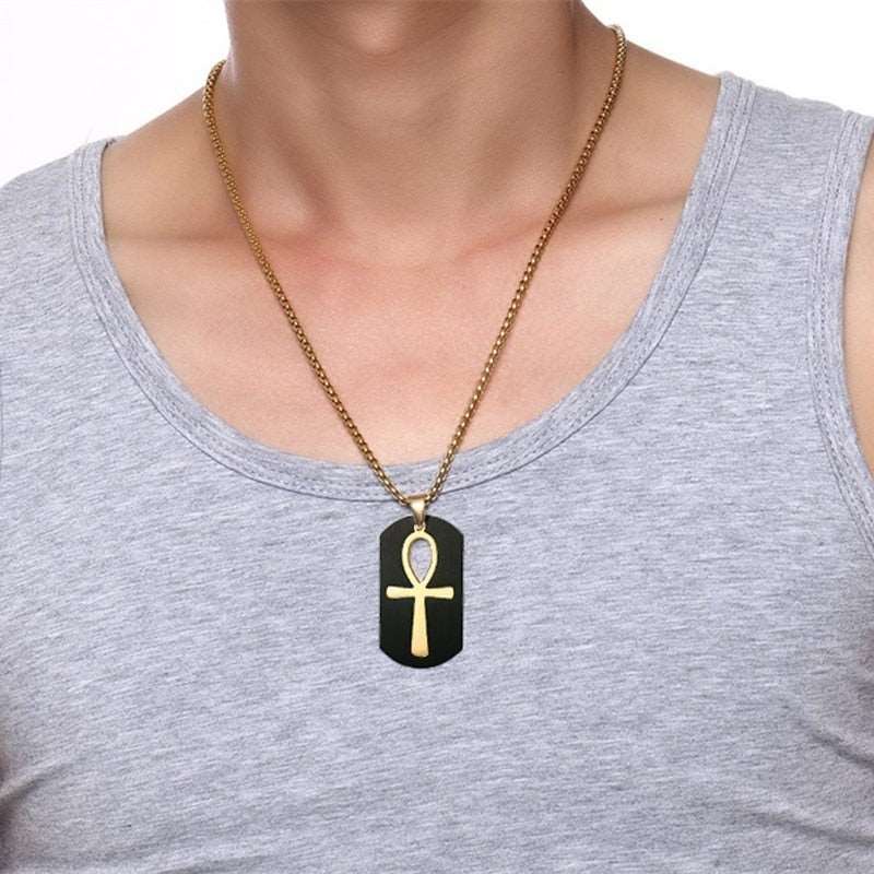 Mens Removable Ankh Cross Gold Tone Stainless Steel Cut Out Pendant Box Chain